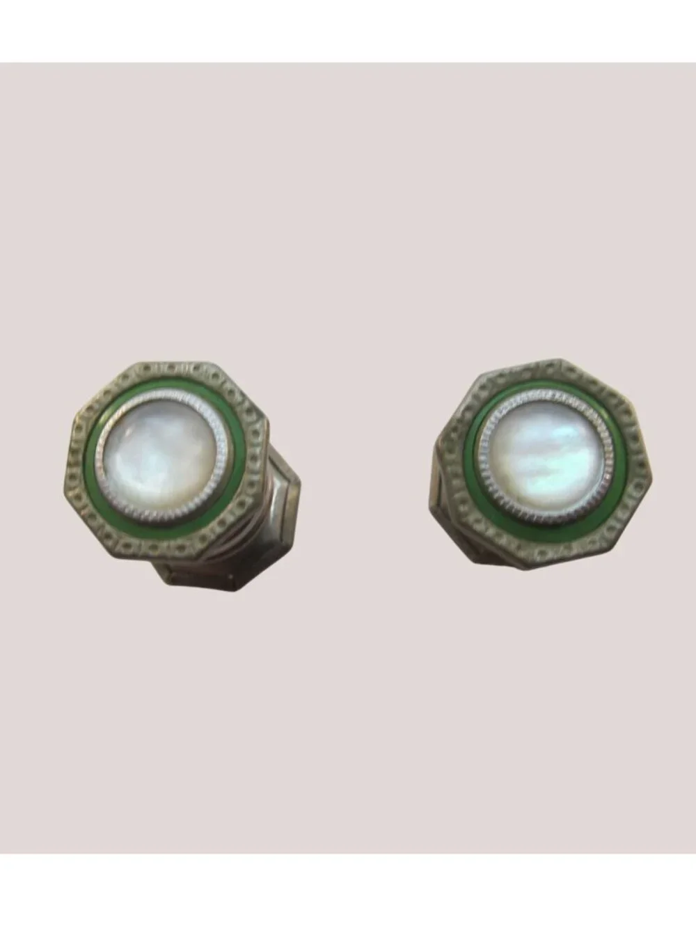 Vintage Octagonal Silver Tone Mother of Pearl Snap Link Cufflinks Double Sided